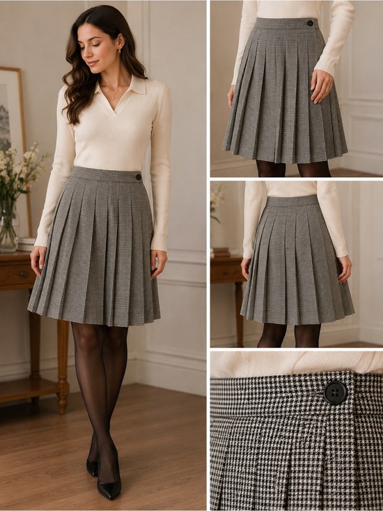 Vintage Dresses & Skirts - Vintage Pleated Houndstooth Skirt | Academia | Old Money | Timeless